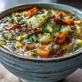 A steaming bowl of Amish Snow Day Soup, served with crusty bread for a cozy lunch.