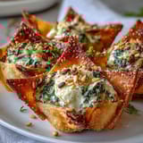 Small wonton cups filled with baked spinach and feta crisps sit beside lemon wedges and a bowl of extra crumbled feta.
