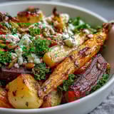 Warm, caramelized root vegetables and kale with tangy dressing in a cozy bowl.