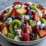 Vibrant rainbow fruit platter with coconut whipped cream, perfect for healthy dessert spreads or party centerpieces.
