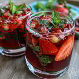 Refreshing Spring Sangria Mocktail featuring white grape juice, lemon, lime, and strawberries over ice.  