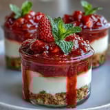 No-Bake Strawberry Cheesecake Jars with fresh strawberry compote and creamy vanilla filling in glass jars.  