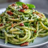 Vibrant green avocado basil pesto coats al dente pasta for a healthy vegetarian meal.  
