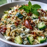 Creamy feta crumbles over tender orzo pasta tossed with crisp cucumber, cherry tomatoes, and zesty lemon-herb dressing.  