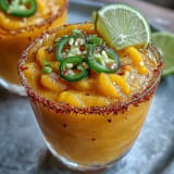 Chilled and colorful Fricy Spicy Mango Margarita Slushie, a spicy-sweet Mexican-inspired treat.