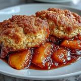 Golden peach cobbler with fluffy biscuit topping, a warm Southern comfort dessert.