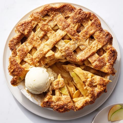 Close-up of a baked apple pie with bubbly cinnamon-spiced filling visible through a decorative lattice crust top.  