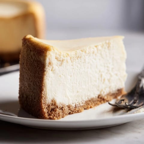 A classic New York Cheesecake with a golden graham cracker crust and creamy filling, served on a white plate.