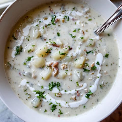 Creamy New England clam chowder with tender clams and hearty potatoes, served in a rustic bowl.