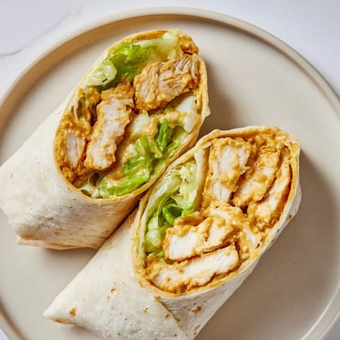 Golden-brown honey mustard chicken wrap cut in half, showing juicy tenders, fresh veggies, and honey-mustard drizzle in a cozy kitchen setting.