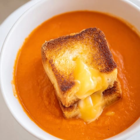 Vibrant roasted tomato soup in a rustic bowl, topped with golden grilled cheese croutons and a drizzle of cream, perfect for cozy dinners.  