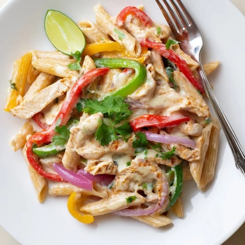 A close-up of Fajita Chicken Pasta Skillet with creamy, melted cheddar and mozzarella sauce coating pasta, peppers, and onions.