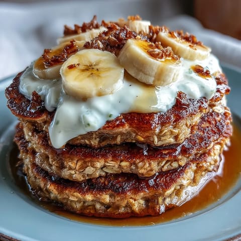 Fluffy banana oat pancakes drizzled with syrup, garnished with fresh berries.