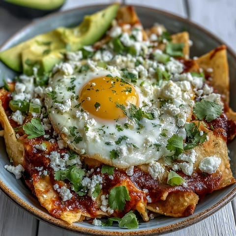 Crispy tortilla chips coated in zesty salsa, perfect for a flavorful Mexican breakfast.