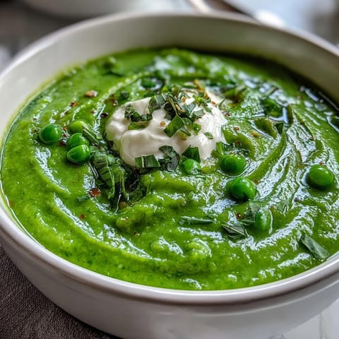 Spring courgette, pea, and pesto soup, beautifully swirled and ready to enjoy.