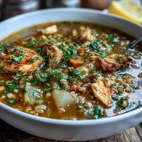 Golden Turmeric Chicken With Pearl Barley, a comforting bowl of tender chicken and grains.