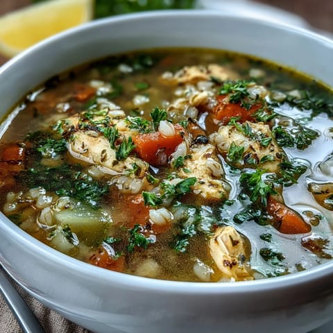 Hearty, golden Soothing Turmeric Chicken With Pearl Barley brightened with fresh lemon and parsley.