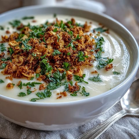 Roasted Celeriac Soup topped with crunchy hazelnut crumble and fresh parsley garnish.