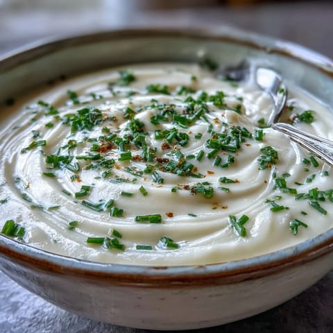 A close-up of Creamy Celery Root Bisque in a rustic bowl, topped with fresh chives.