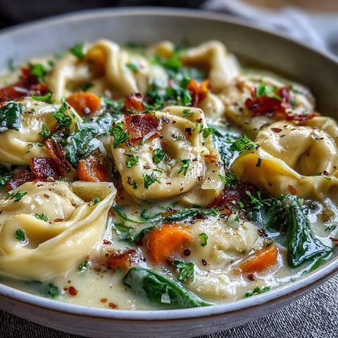 A ladle serves hot Easy Tortellini Soup With Chicken Broth into a rustic bowl beside crusty bread.