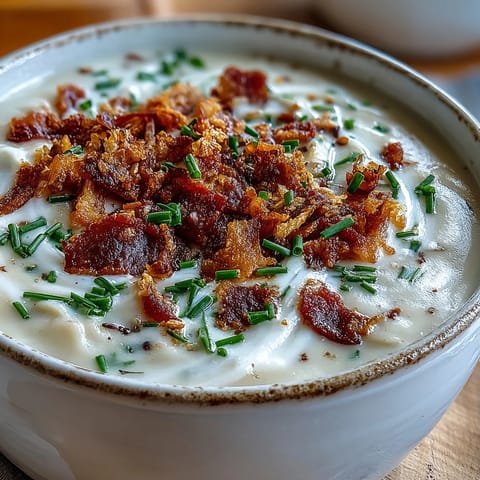 Creamy Celeriac Soup with Crispy Bacon in a rustic bowl, topped with golden bacon crumbles and fresh chives.