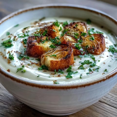 An immersion blender purées golden roasted garlic with chopped vegetables in a large pot for this Roasted Garlic Soup.