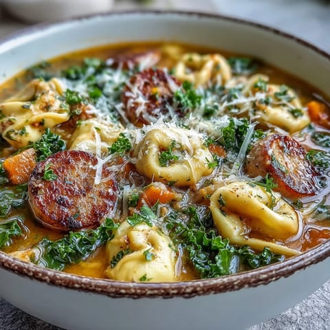 Pumpkin Tortellini Soup with hearty chicken sausage and vibrant green kale for a cozy autumn dinner.