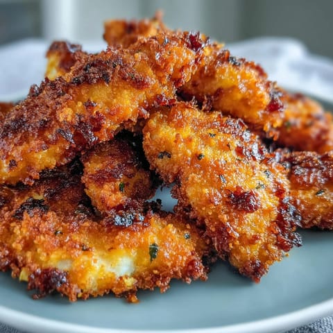 Perfectly fried Crispy Turmeric Chicken Tenders served on a platter, displaying a crunchy exterior and tender, juicy meat inside.