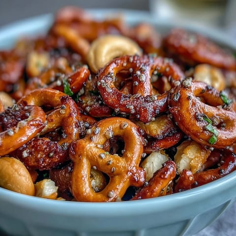 A close-up of golden-baked Everything Ranch Cheese and Pretzel Snack Mix with cheesy crackers and pretzels.
