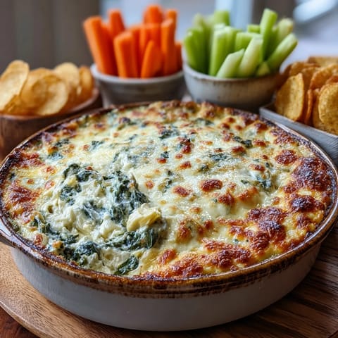 Freshly baked Spinach Artichoke Dip, golden and bubbling, served warm in a ceramic dish with tortilla chips for dipping.