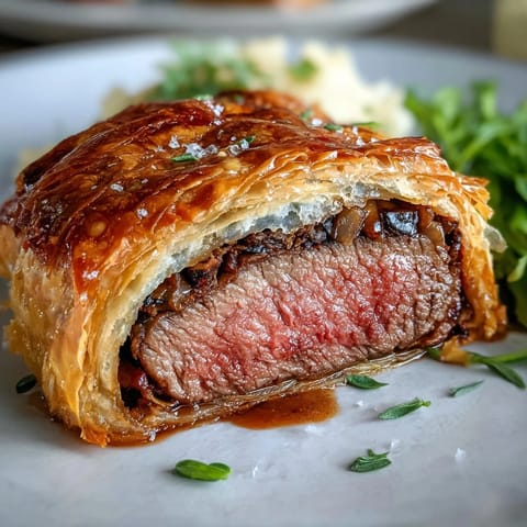 A freshly baked Beef Wellington rests on a wooden board, its golden puff pastry glistening and sliced to reveal tender, pink beef inside.