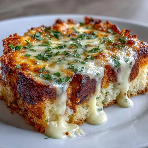 Golden, puffed Croque Monsieur Casserole with bubbly Gruyère cheese, layers of ham, and creamy béchamel sauce ready to serve.
