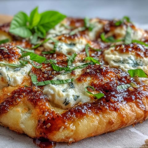 Golden-brown Hot Honey Ricotta Pizza with bubbling mozzarella and fresh basil on a rustic board.
