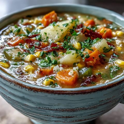 A steaming bowl of Amish Snow Day Soup, served with crusty bread for a cozy lunch.