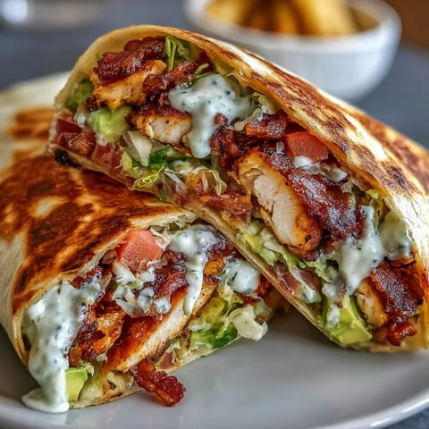 Golden-brown seared chicken and crispy bacon fill a toasted flour tortilla with melted cheddar and fresh lettuce.
