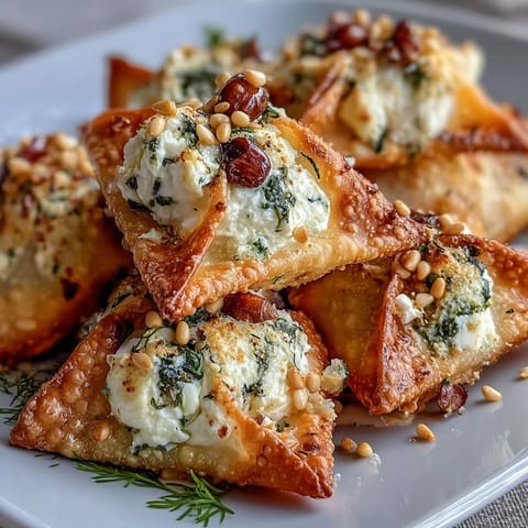 Golden Mediterranean spinach and feta crisps in wonton cups are garnished with sesame seeds and fresh herbs on a rustic white platter.