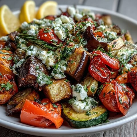 Freshly roasted Mediterranean Greek vegetables from the oven, glistening with olive oil, fresh herbs, and topped with crumbled feta.