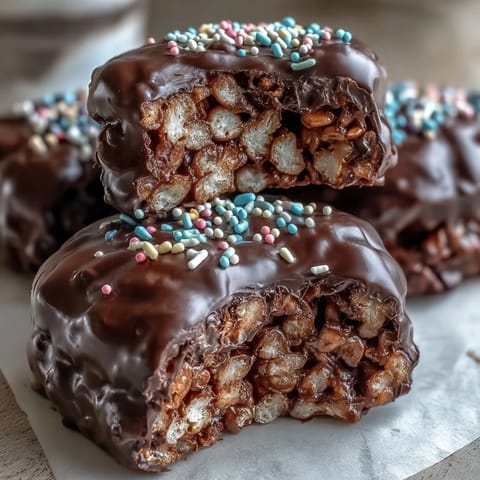 Chocolate Covered Rice Krispy Treats on a white plate, with gooey marshmallow layers, glossy melted chocolate, and rainbow sprinkles for a party dessert.
