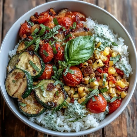 Bright sautéed Summer Vegetable Bowl with zucchini and peppers over fluffy rice, garnished with fresh basil.