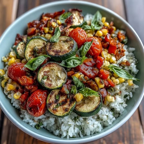 Summer Vegetable Bowl topped with juicy tomatoes and sweet corn, served steaming in a white ceramic bowl.