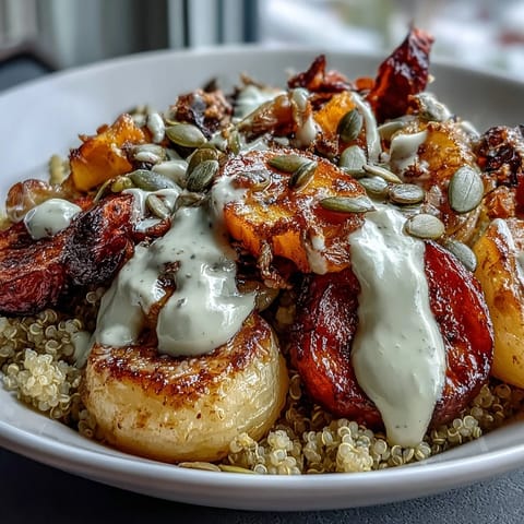 Roasted Root Vegetable Bowl with golden, caramelized carrots, beets, and parsnips over fluffy quinoa, drizzled with creamy tahini sauce.