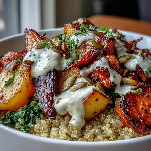 A wholesome vegetarian bowl of roasted root vegetables and quinoa, topped with bright parsley and toasted pumpkin seeds for a nourishing lunch.