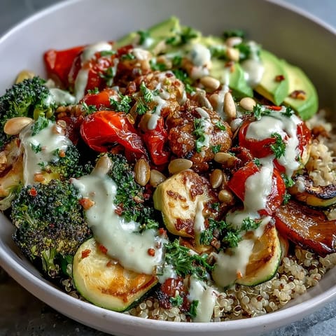 Fork-tender roasted vegetables and spiced chickpeas make this Vegetable and Legume Bowl a vibrant, nourishing meal.