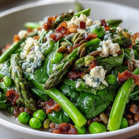 Spring Green Bowl served warm with quinoa, blanched asparagus, green beans, peas, and spinach, drizzled with lemon dressing.