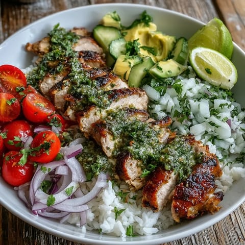 Golden-brown grilled chicken slices fanned over a bowl of fluffy rice, topped with vibrant cherry tomatoes, diced cucumber, and sliced avocado.
