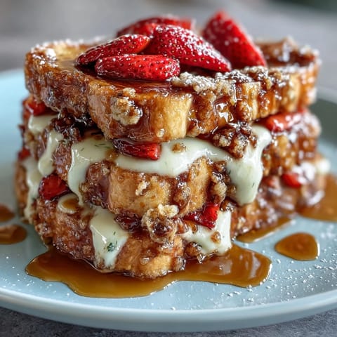 Golden strawberry French toast bake with fresh berries and creamy custard, topped with a crisp cinnamon streusel.