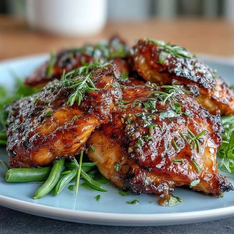 Honey Mustard Chicken with Green Beans served on a rustic plate, juicy glazed chicken paired with crisp-tender green beans and a drizzle of tangy honey mustard sauce.  