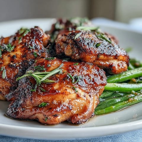 Oven-baked Honey Mustard Chicken with Green Beans, golden seared chicken glazed in honey Dijon, surrounded by vibrant green beans for a fresh, hearty meal.  