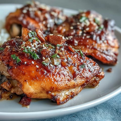 Honey Garlic Baked Chicken Thighs in a glossy sweet-savory glaze, golden and juicy from the oven.