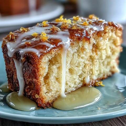Tangy lemon pound cake infused with Limoncello liqueur, drizzled with glossy glaze, and served on a white cake stand.  
